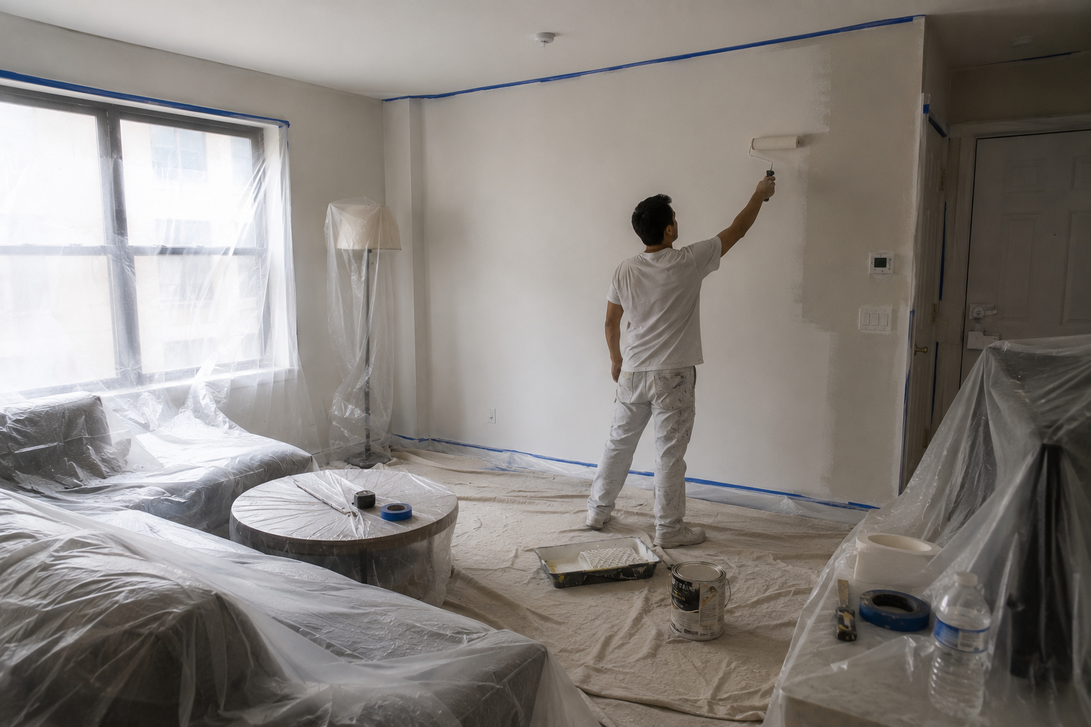 A painter rolls fresh white paint across an apartment wall while the room is masked off.
